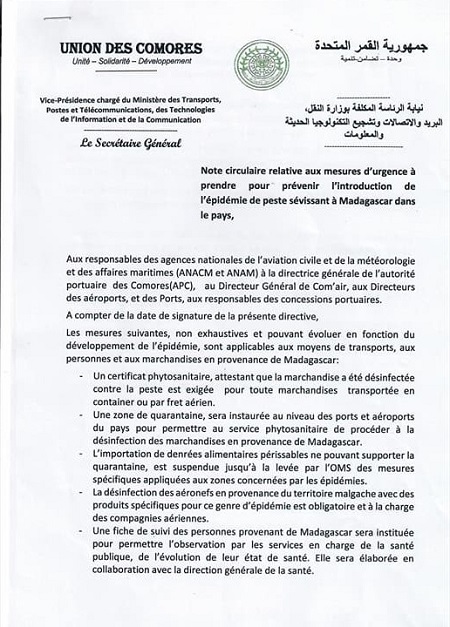 Epidémie de la peste à Madagascar Les Comores suspendent le trafic des petits bateaux en provenance de Madagascar